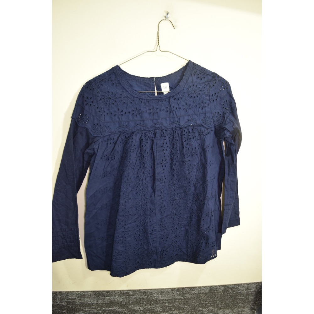 Gap Navy Blue Eyelet Long Sleeve Cotton Blouse Top XS 241236-01